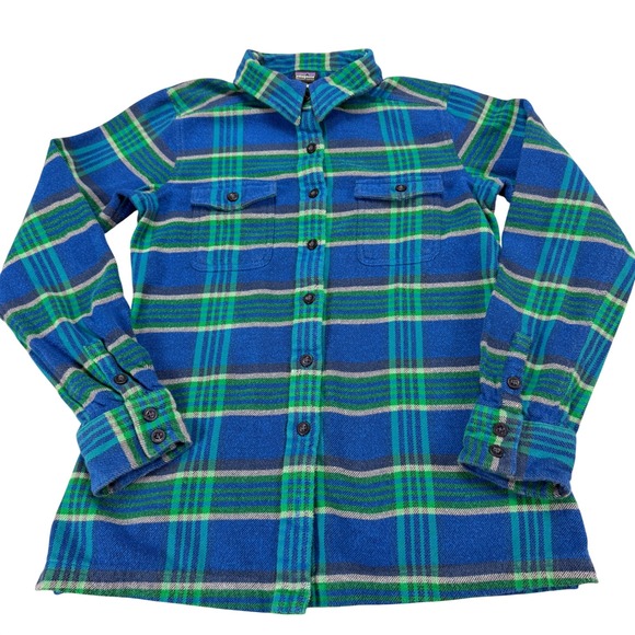 Patagonia Tops - Patagonia Womens 2 Organic Cotton Flannel Plaid Button Down Shirt Blue Green